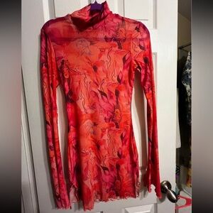 Vibrant Red and Pink Long Sleeve Dress